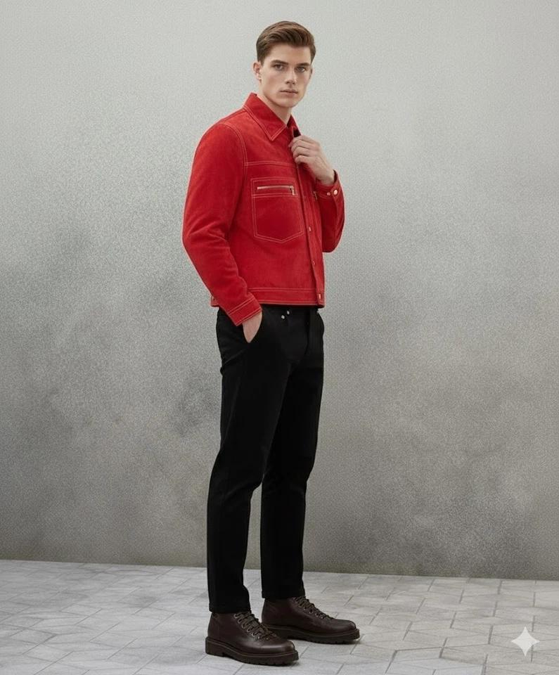 Red Men's Suede Handmade Lambskin Leather Jacket Fit Biker Stylish Motorcycle