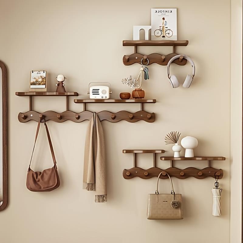 Wall Mounted Coat Rack with Hooks, No Drill Adhesive Wooden Entryway Organizer for Hats Bags, Space Saving Wall Hanger Bedroom