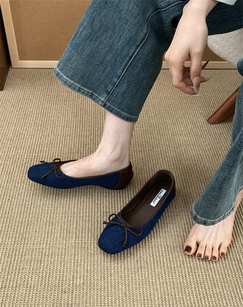 

~ French polka dot bow round head light mouth single shoes women s low heel one pedal ballet shoes flat shoes 39 синий