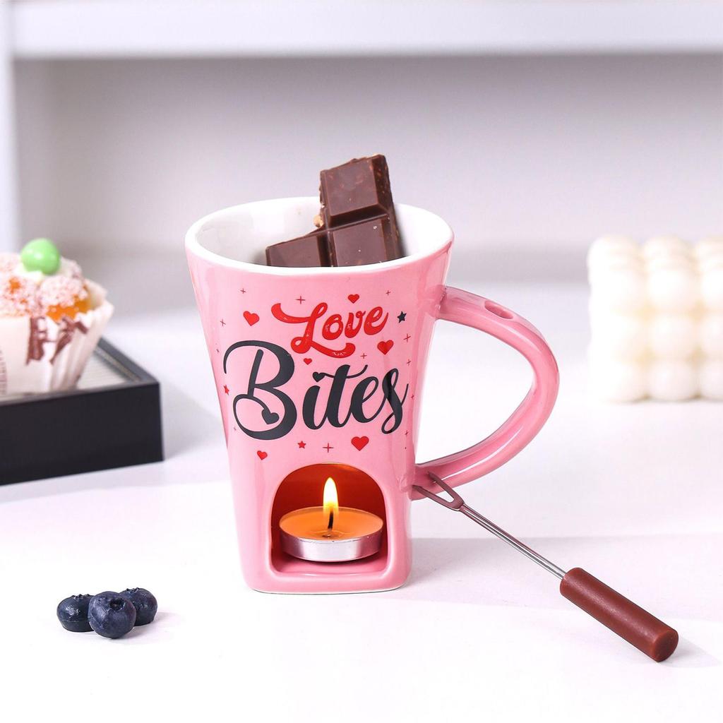 Caneca Aquecedora de Café para Fondue de Chocolate 200ml Caneca de Cerâmica para Derreter Chocolate Com Garfo, Caneca para Derreter Queijo Manteiga Caramelo Doce