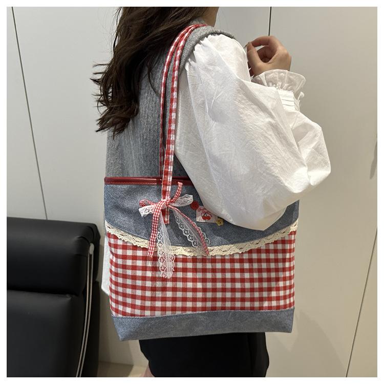 Korean Style Plaid Denim Shoulder Bag Sweet Bow Knot Crossbody Tote for Women CLE