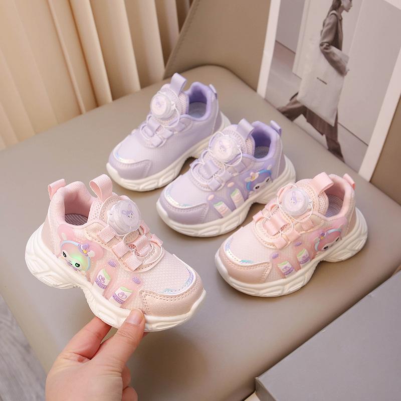 Girls' Sneakers 2025 Spring New Children's Leather Rotating Button Shoes Lightweight Shock-absorbing Flash Shoes