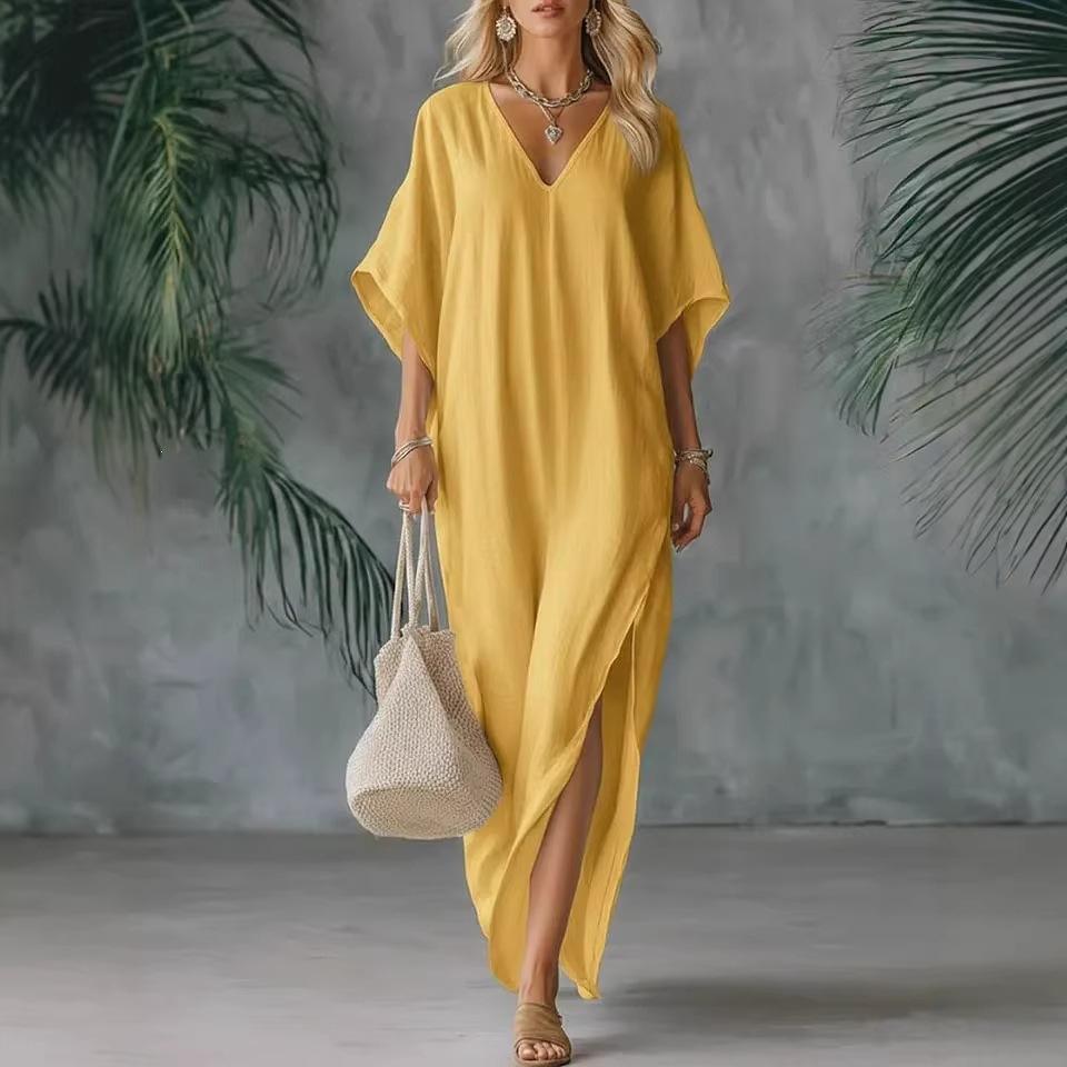 Dress Linen Thin Women's Clothing Summer V-neck Loose