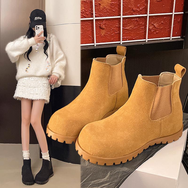 Meotina Women Genuine Leather Ankle Boots Round Toe Height Increasing Mid Heels Chelsea Short Boots Ladies Shoes Autumn Winter