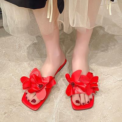Mode 2025 Sommer Zehenfreie Damen-Slipper Outdoor Casual Eckige Zehen Applikationen Niedriger Absatz Sandalen für Übergröße Strand Alltags-Slipper
