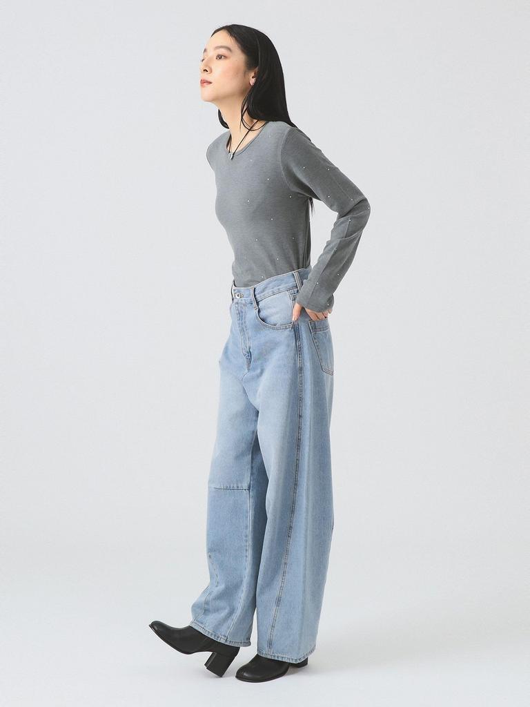 Ray Beams L/S Tee Hotfix Crew Neck Cut and Sew, Women's, Gray, One Size