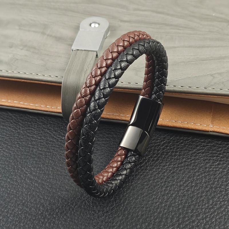 Men's Leather Bracelet with Double Tone Magnetic Buckle, High-quality Woven Bracelet Customized Handmade Accessories Wholesale
