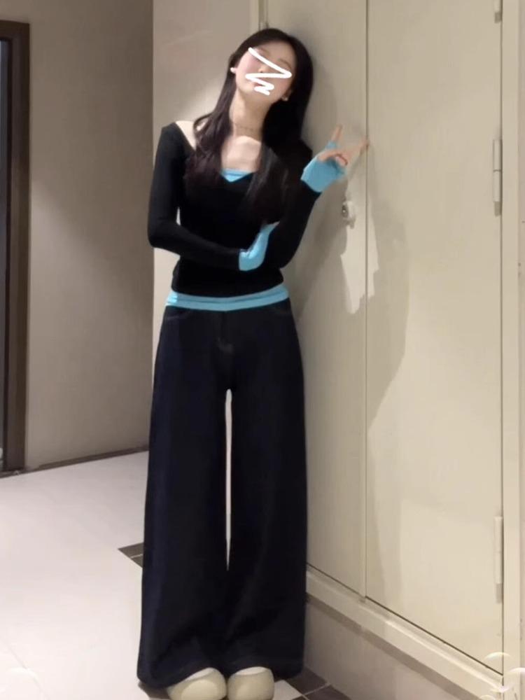 

2025 Американская Острая Девушка Колорблок Пэчворк Комплект из Двух Частей Топ с Длинным Рукавом Облегающий Подчеркивающий Талию для Женщин S