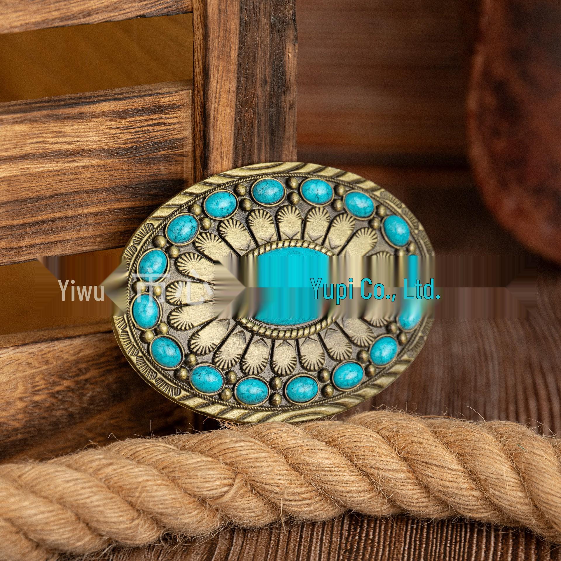 Retro Oval Floral Turquoise Rope Edge Sapphire PU Leather Unisex Belt Buckle
