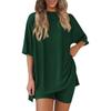 Women's Loose Fashion Solid Color Split Round Neck Short Sleeve Top Small Pocket Shorts Two Piece Set