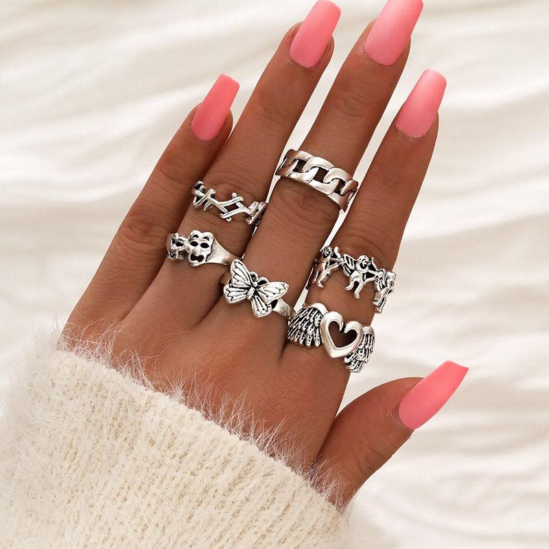 Vintage Punk Metal Multi Element Ring Set For Women Men Antique Silver Color Butterfly Snake Skull Finger Rings Gothic Jewelry