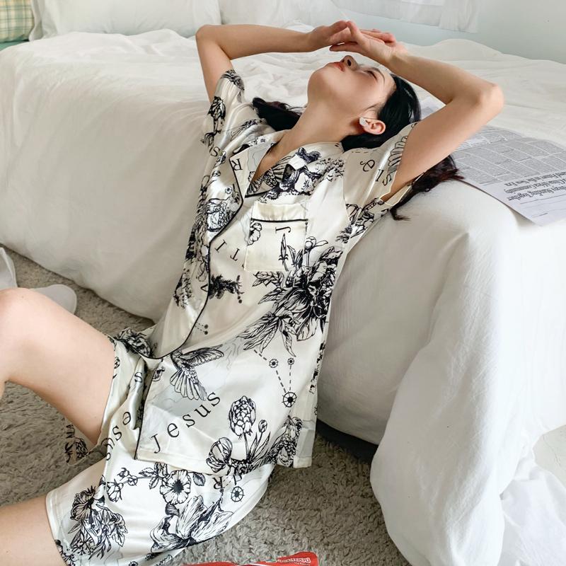 Summer Ladies Sweet Satin Silk Floral Printed Pajamas Set Short Sleeve+Pants Women Ice Silk Cute Homewear Casual Wear