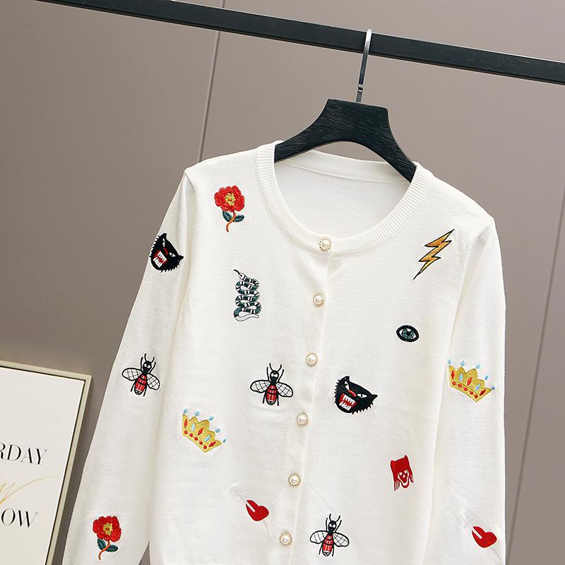 Autumn Women Designer Embroidery Monsters Single Breasted Knitted Sweater Coat Jacket