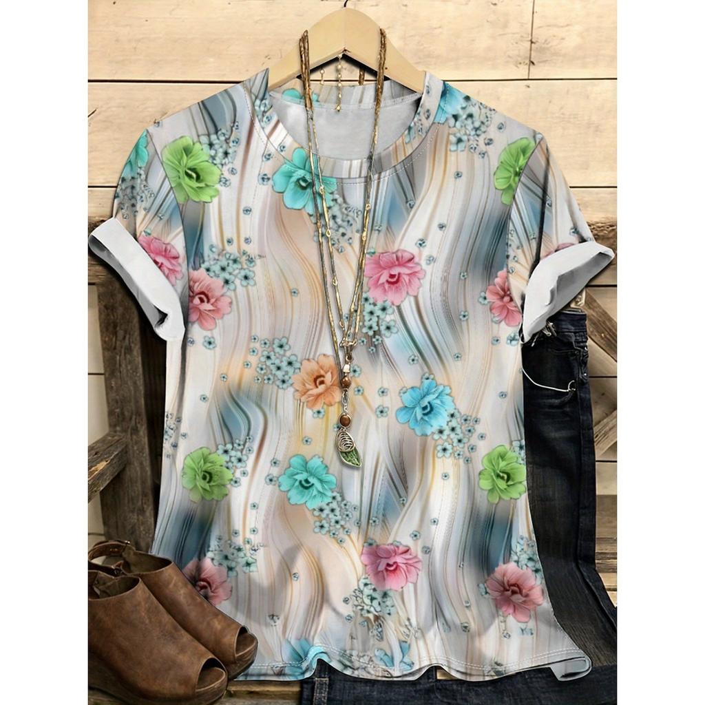 Letní dámské tričko s kulatým výstřihem, květinovým vzorem a 3D potiskem, módní, ležérní, s krátkým rukávem