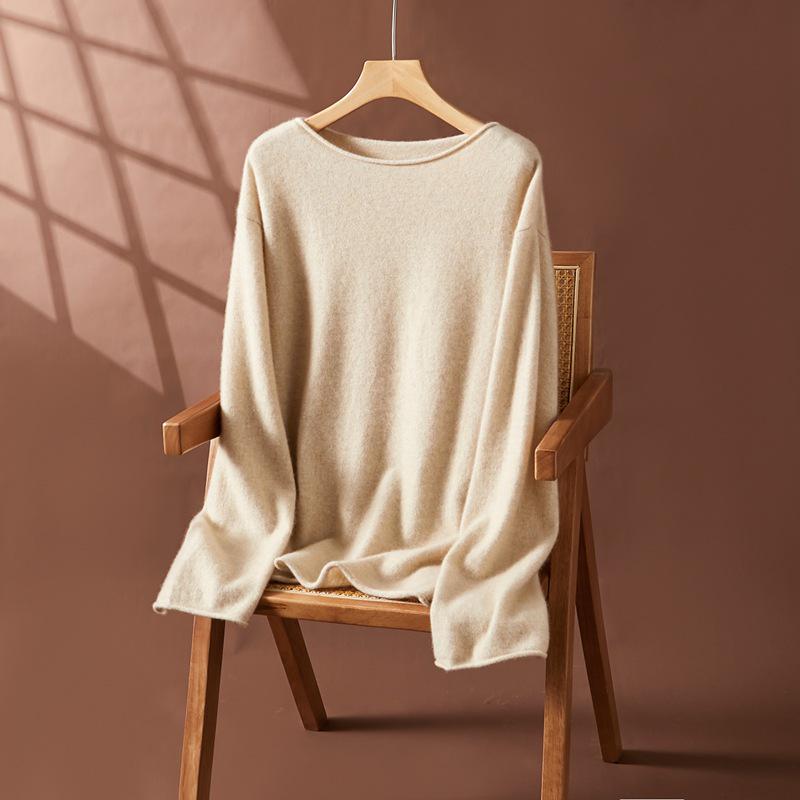 

2025 Autumn/Winter Women s One-Shoulder Cashmere Sweater - Rolled Edge, Solid Color, Loose Knitted Long Sleeve Base Layer. One Size