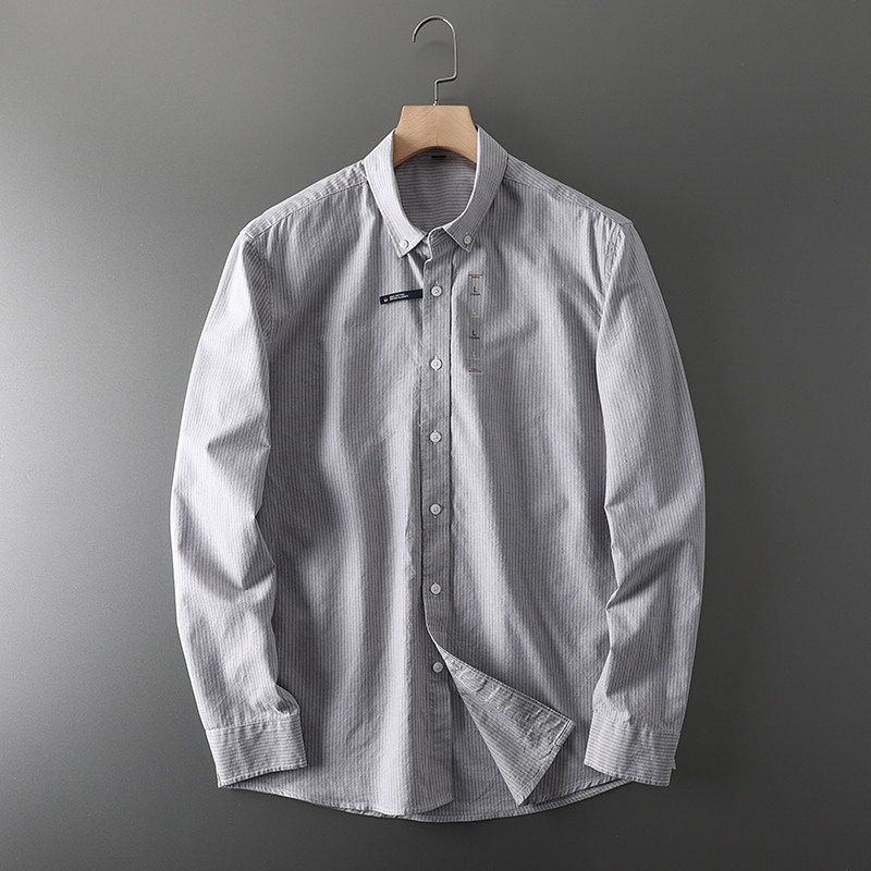 American-Style Long-Sleeved Export Striped Shirt Grey 4XL.