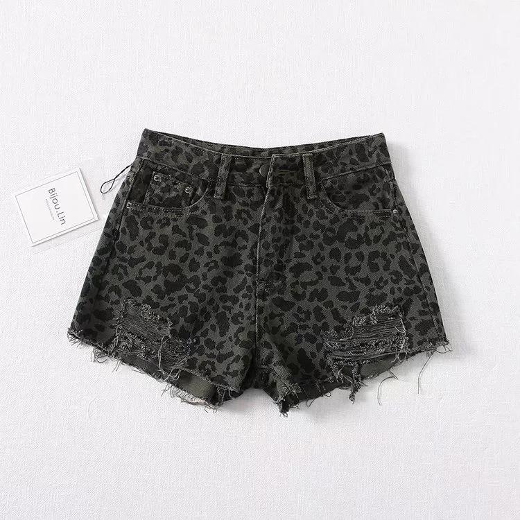 Women's Summer High Waist Leopard Print Ripped Denim Shorts