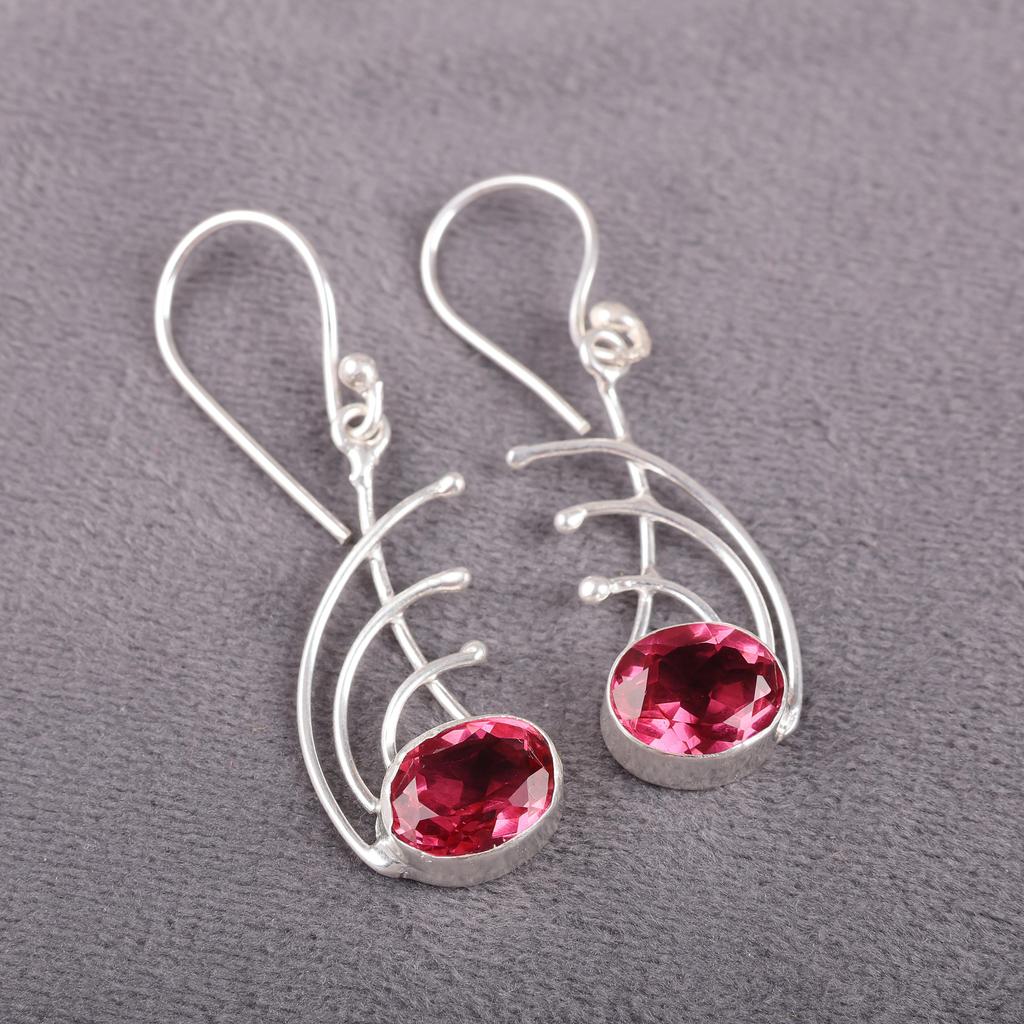 Pink Tourmaline 925 Solid Sterling Silver Earrings, Handmade Birthstone Gemstone Jewelry Earrings, For Memorial Day