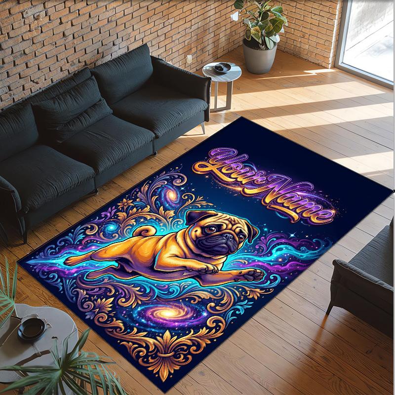 Pug Theme Crystal Velvet Floor Rug Personalized Custom Name Text Warm Carpet Home Decoration
