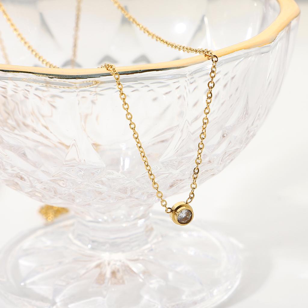 Gold Plated Stainless Steel Round Zircon Pendant Necklace For Women Minimalist Classic Choker Necklace