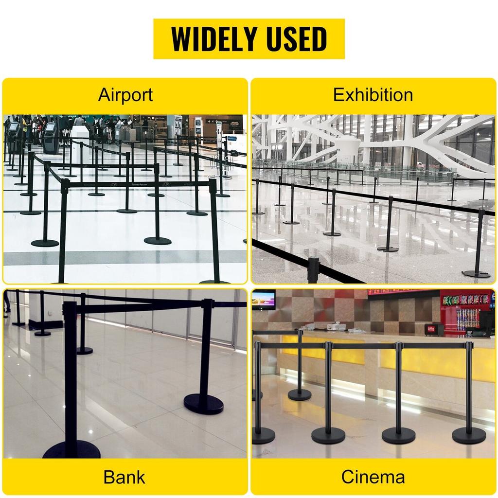 Crowd Control Stanchion, Set of 4 Pieces Stanchion Set, Stanchion Set with 6.6 ft/2 m Black Retractable Belt, Black Crowd Control Barrier w/ Concrete