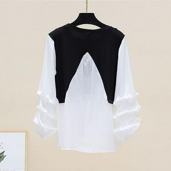 2024 Spring/Autumn Korean Style Patchwork Contrast Slim Long Sleeve Round Neck Two-Piece Shirt