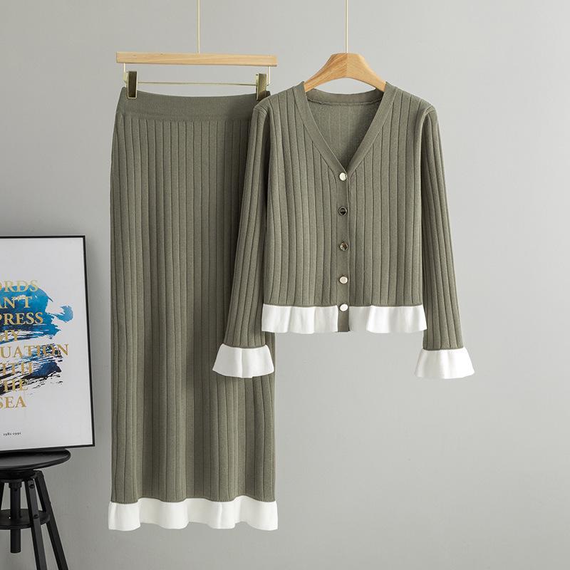 Europäisches Strick-Cardigan- und Rock-Set für Damen - Glockenärmel, Frühling-Herbst, Koreanischer Stil