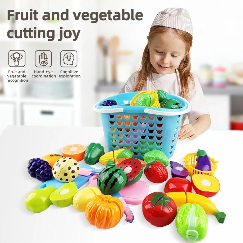 Cutting Food Kitchen Toys Set Simulate Fruit Vegetable Accessories with Shopping Basket Role Play Education Toy for Toddler Gift