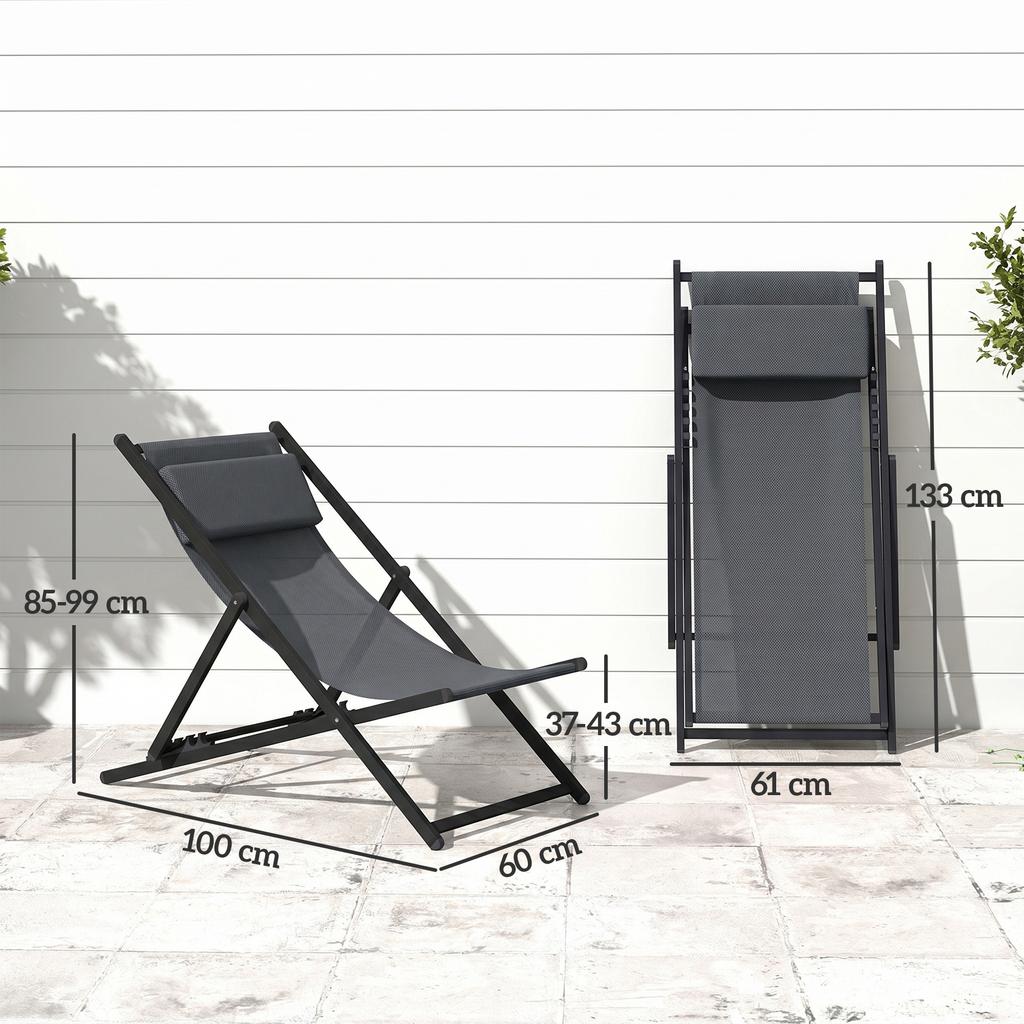 Sun Loungers, Set of 2, Folding Aluminum, 5-Position Backrest, Headrest, 60 X 100 X 85 Cm, Grey