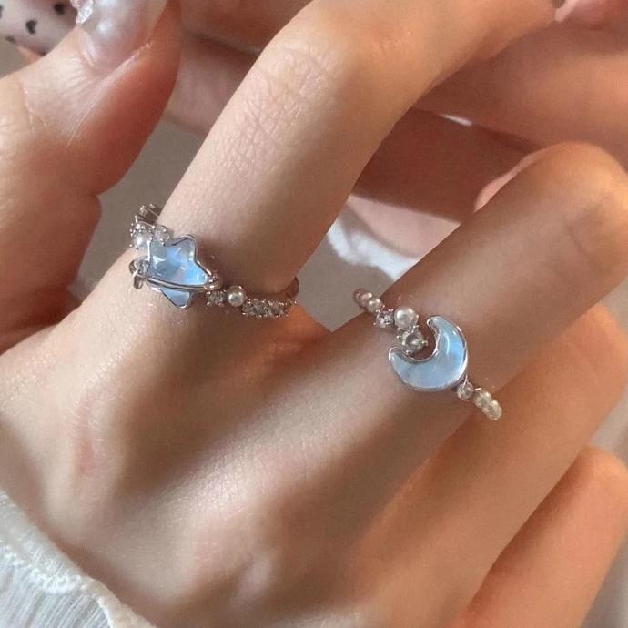 PONYKISS  Sterling Silver Star Moon Pearl Zircon Rings for Women Romantic Fine  Minimalist Opening Accessories