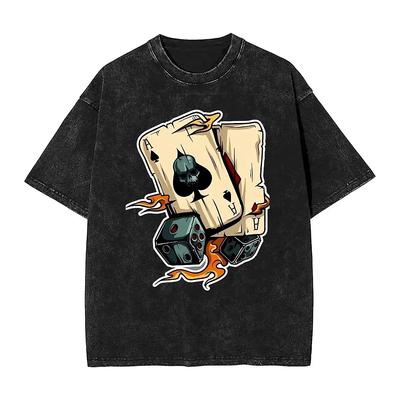 Oversized Washed T-shirt Poker Card Casual T-shirts Skull Tee Shirt for Men Beach Y2K Retro Print Tops