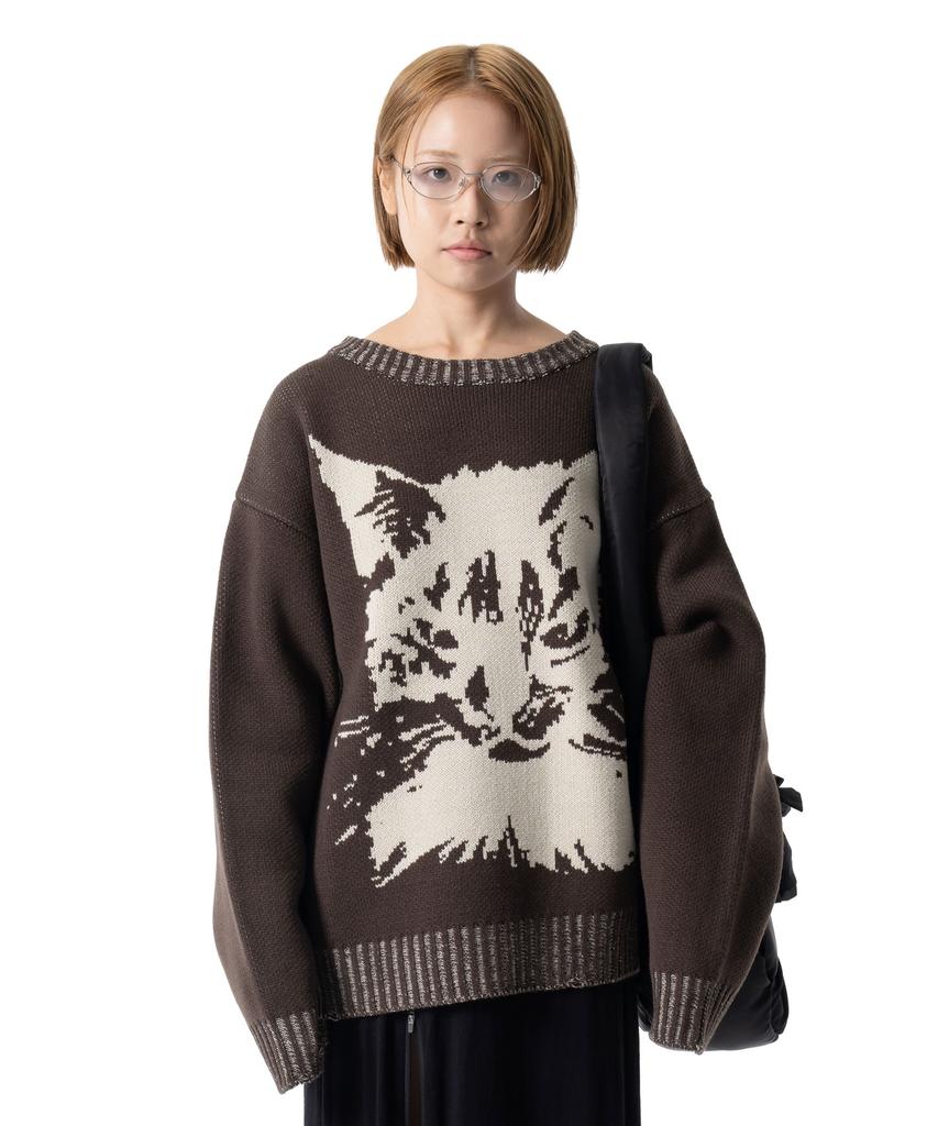 IUGAMAKARAS Pull en maille usée avec motif chat (marron)