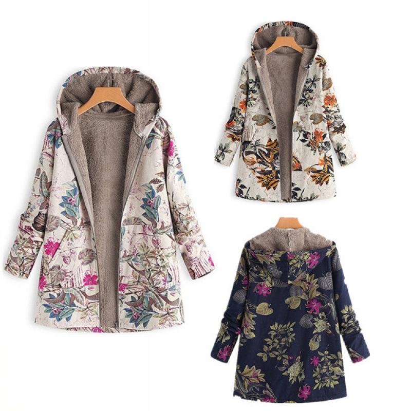 Jacket series casual printing cotton and linen printing plush inner hooded zipper women's clothing new