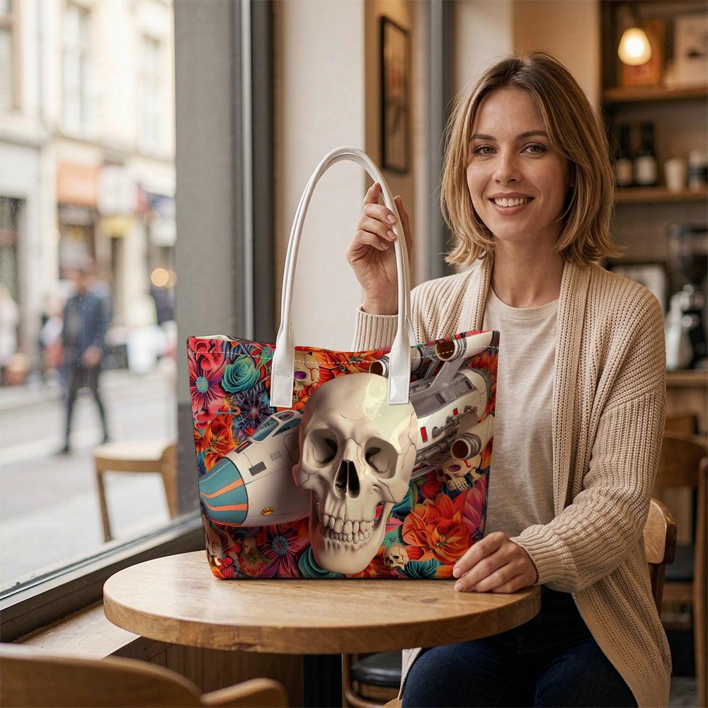 Skull Rocket Floral Fashion Shoulder Bag Cool Trendy Street Daily Tote Bag Unique Casual Grocery Bag