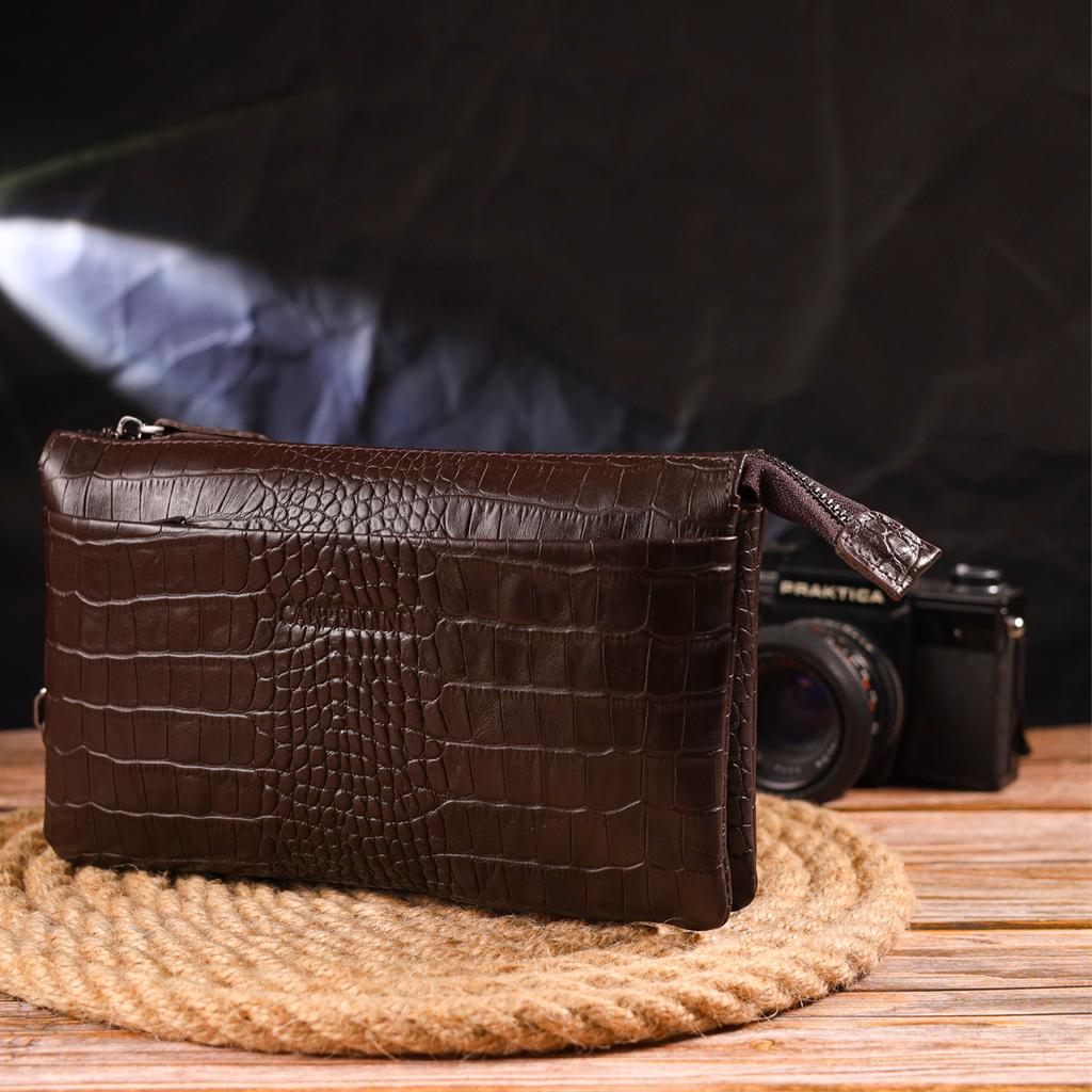 Interesting Clutch for Men Made of Genuine Textured Leather with Crocodile Embossing CANPELLINI 21554 Brown