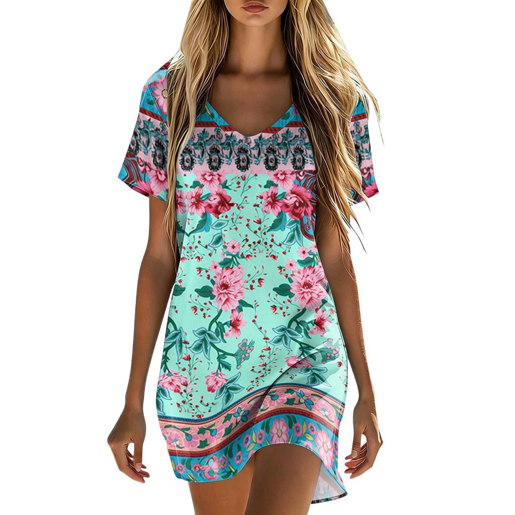 Women's Summer Fashion V Neck Short Sleeve Casual Retro Printed Dress Lightweight Comfortable Fit Versatile Style Suitable for Daily Wear