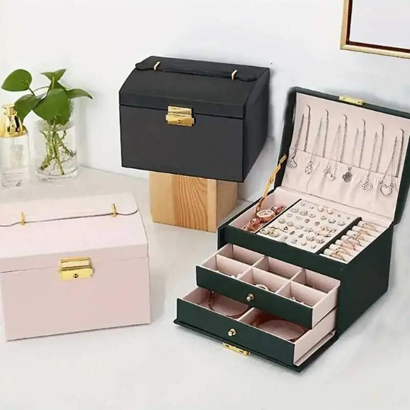 PU Leather 3 Drawer Jewellery Box - Handheld Display Storage with Security Key Lock, Perfect for Earrings Rings Necklaces