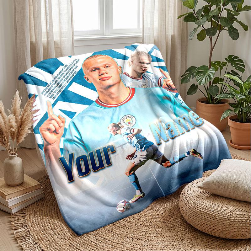 Erling Haaland Custom Name Text Flannel Blanket Soccer Logo Personalized Fleece Throw Blanket Special Gift For Sofa Bedroom Home