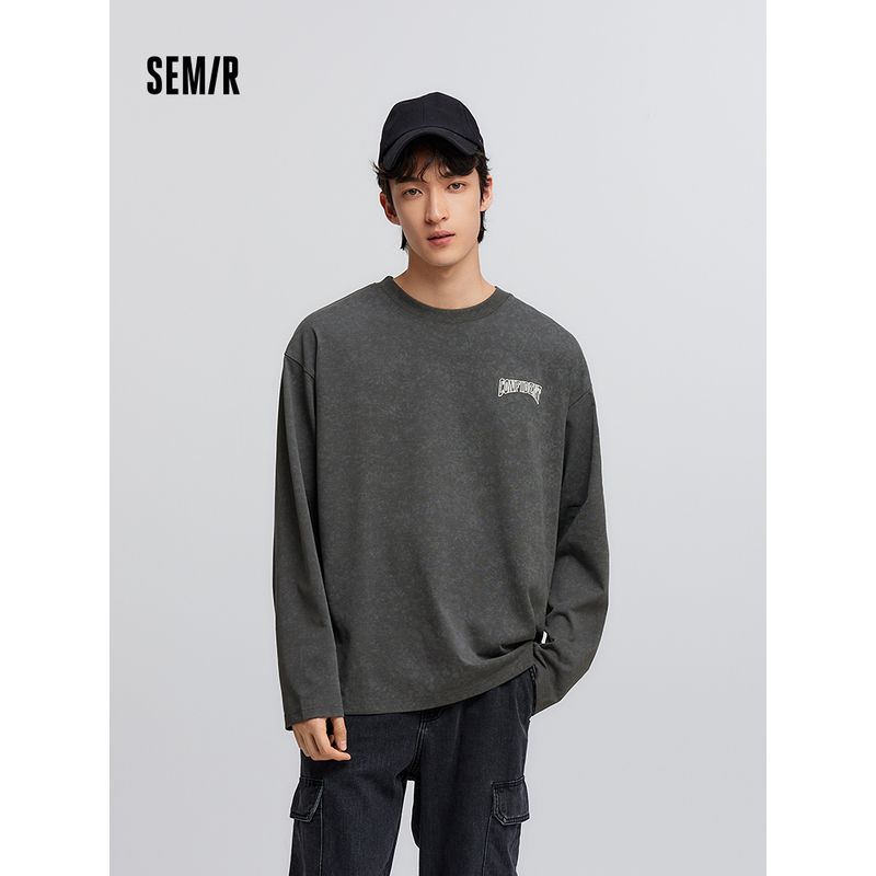 

Senma Long Sleeves T-shirt Men s American Retro Printed Bottoming Shirt Spring Inner Wear Loose Knitting Tops Embroidery Trend Dark gray 20901 165/84A/S