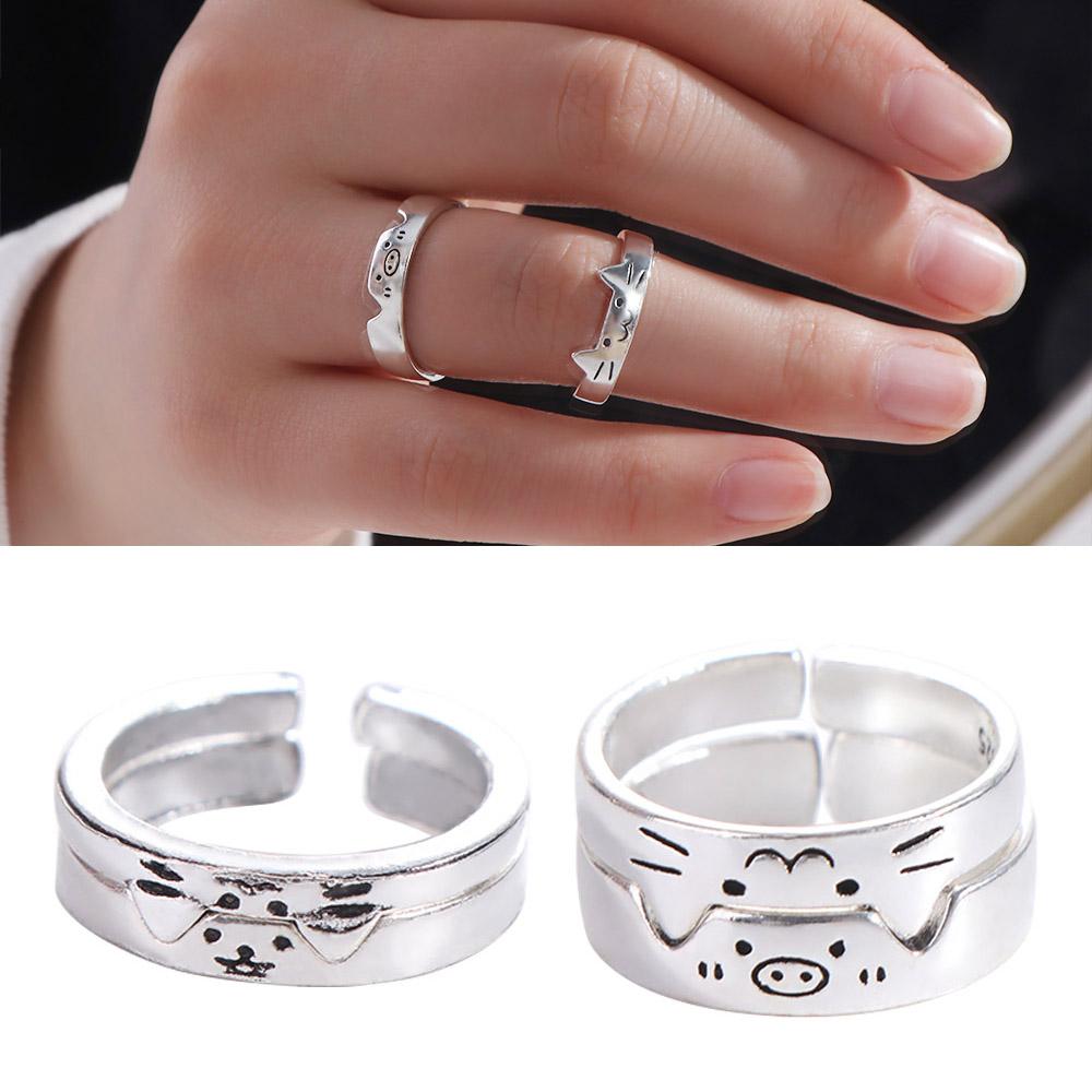Dull Polish Animal Couple Ring Geometric Valentine's Day Gift Cat Opening Ring  Best Friends