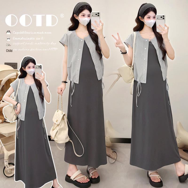 Korean Style Maternity Dress 2026 Summer 2-Piece Set L