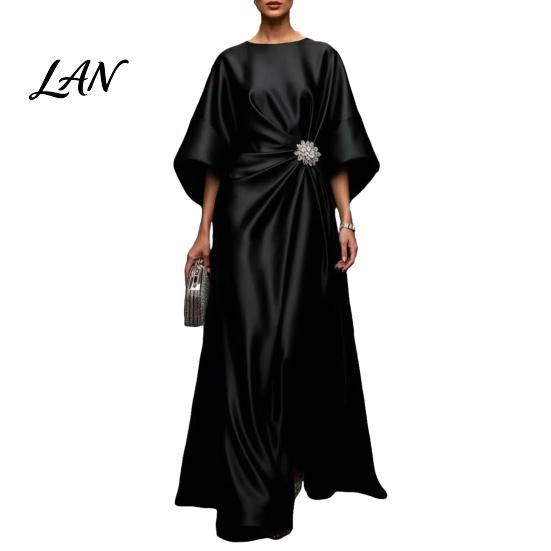 Lightweight Summer Dress Women's Satin Batwing Sleeve Maxi Dress, Rhinestone Accent Crew Neck Elegant Solid Color Evening Party A Line Formal Wedding