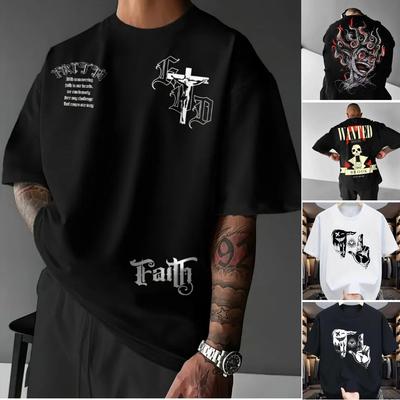Summer Men's Gothic Letter Cross Print Round Neck T-shirt Outdoor Street Style Top