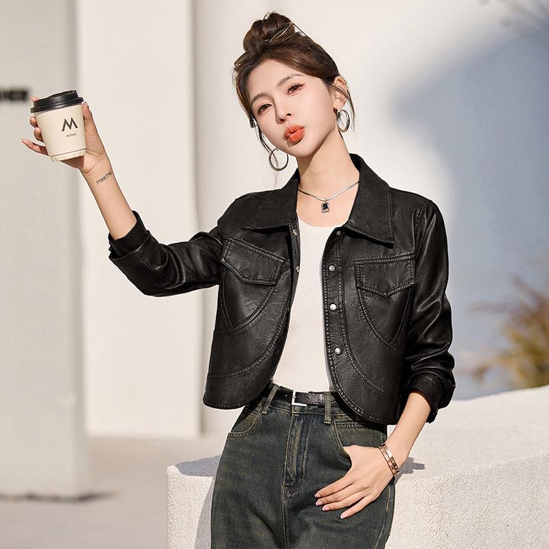 

Женская куртка из натуральной козьей кожи - Повседневное короткое пальто на весну и осень 2025 Medium чёрный