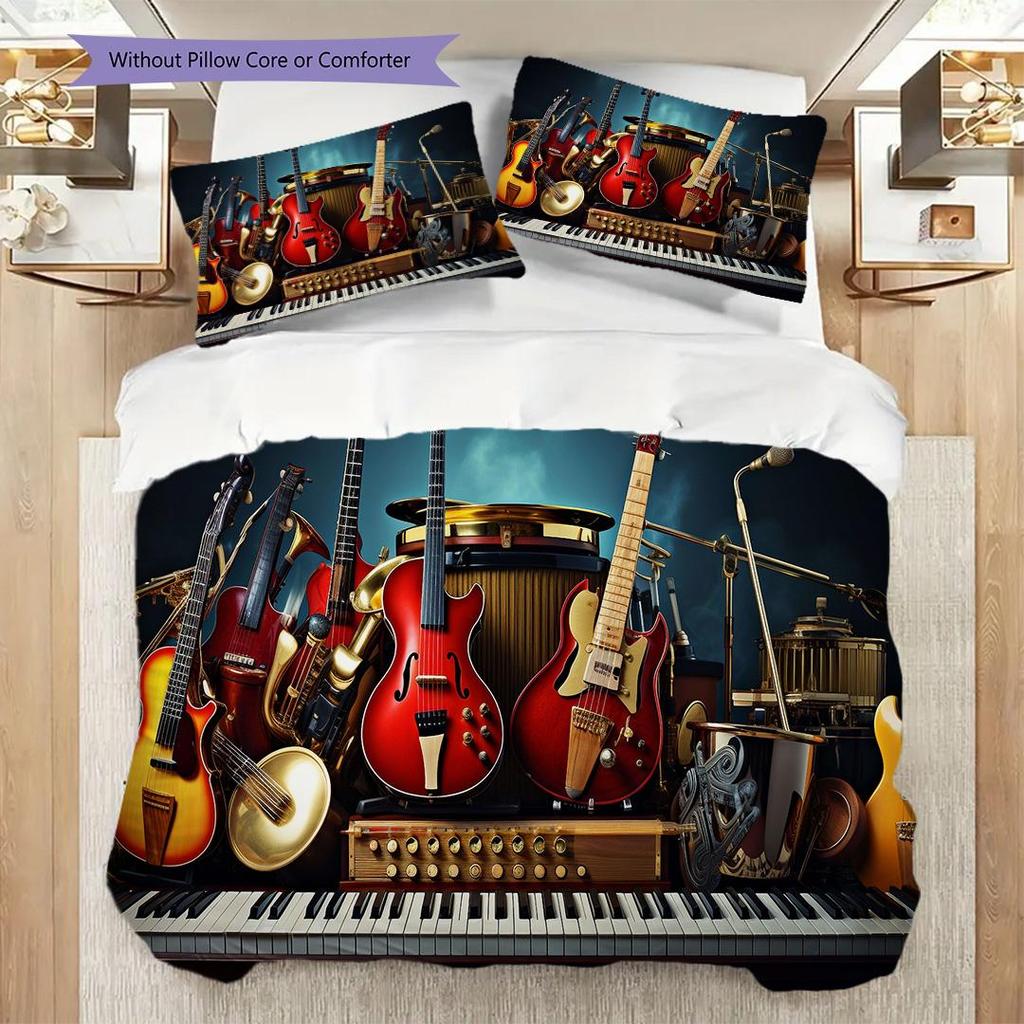 1PC Music, guitar Theme Bedding Quilt Set Quilt Cover Pillowcase Home Decoration Birthday Gift (1 * duvet cover + 2 * pillowcase, without core)