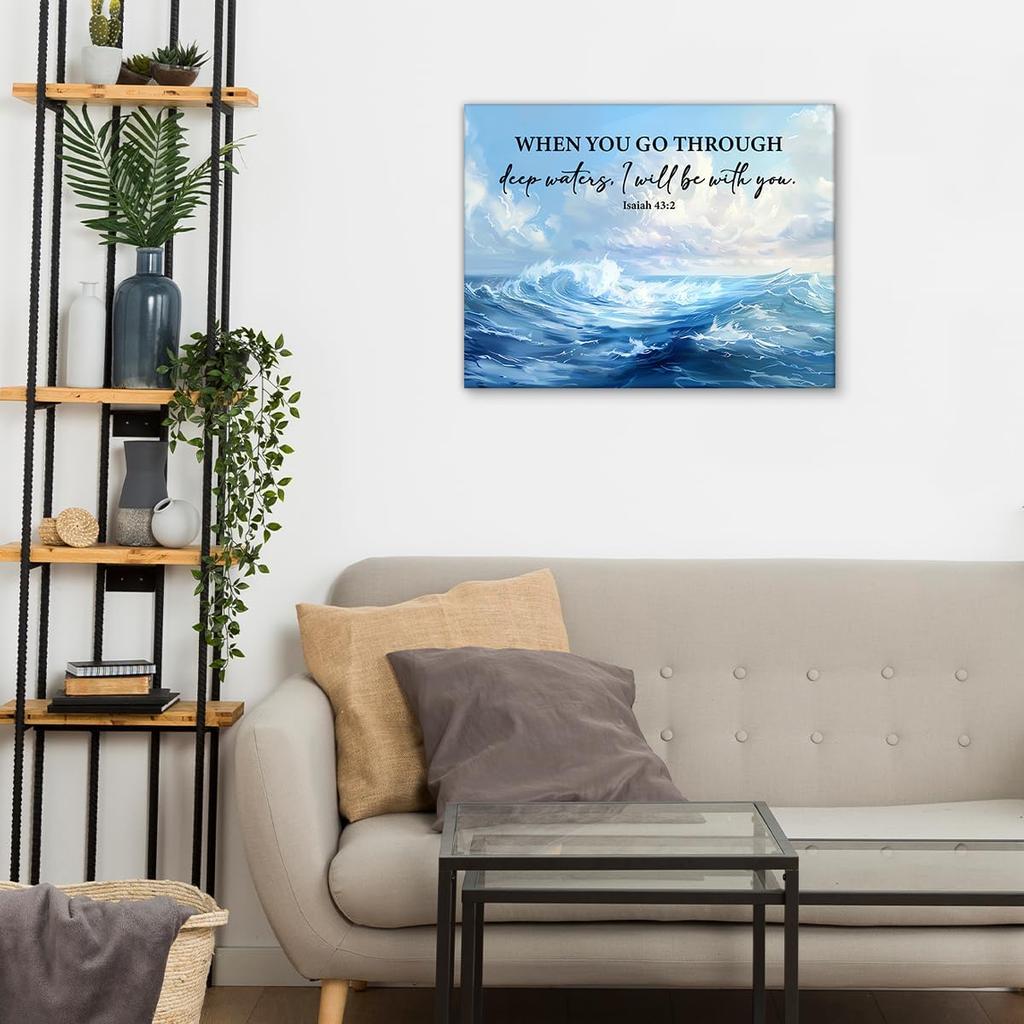 Christian Canvas Wall Art Decor When You Go Through Deep Waters Isaiah 43:2 Scripture Poster Print Picture Bible Ocean Artwork Framed for Home Decor,