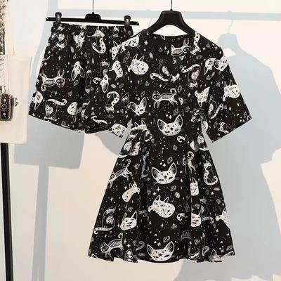 Fashionable Floral Women's Suit Summer 2-piece Set Chic Chiffon Dress Slimming Age-reducing Short Suit