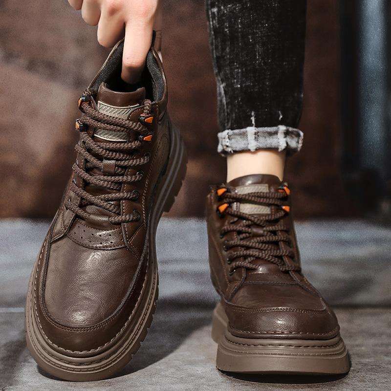 Fashion Autumn Winter Men's Boots Thick Sole and High-quality Minimalist Style Fashion Street Height Increasing High Top Leather Shoes