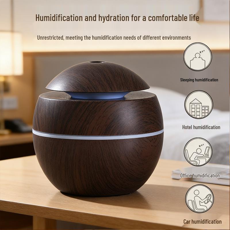 Wood Grain Ultrasonic Aroma Diffuser & USB Humidifier with Silent Lamp