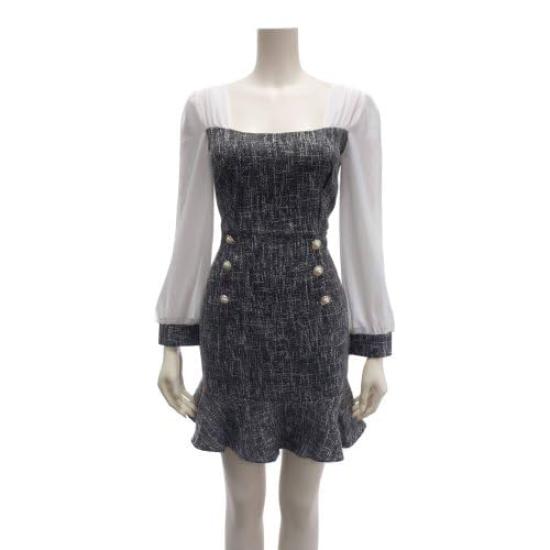 GRAXIA Tweed Mini Long Sleeve Chiffon Black and Size for Hostesses and Lounge Wear Women's Dress, Ruffles, White, Small, Hostesses,